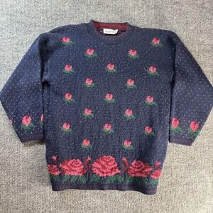 Vintage Private Eyes Sweater Womens Large Blue Rose Floral Crewneck Made USA